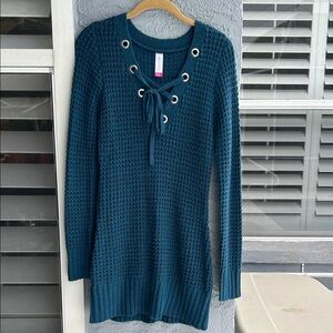 No Boundaries Teal Lace-Up Knit Sweater